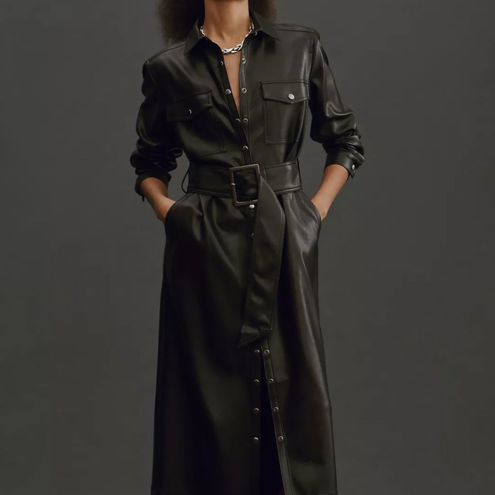 Anthropologie Pilcro Long-Sleeve black Faux Vegan Leather Belted Midi Dress XXS